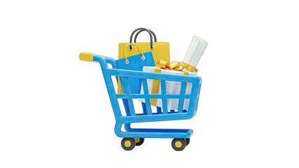 Fototapeta premium Shopping Cart Filled with Gifts and Bags on White Background