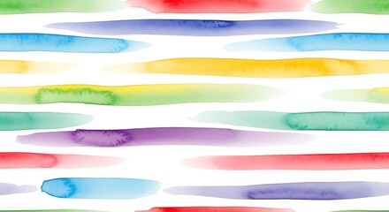 A vibrant seamless pattern features colorful horizontal brushstrokes on a crisp white background. Each stroke is a watercolor blend