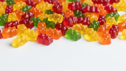 Colorful gummy bears scattered on white surface