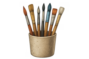 Art brushes storage creating creativity and hobby concepts: variety of painting tools in ceramic cup, transparent background