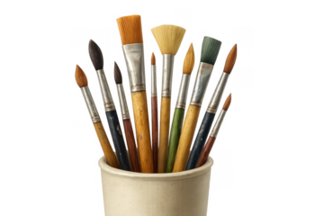 Various artists paintbrushes arranged in a holder, symbolizing art, creativity, education, drawing, and hobbies with transparent background