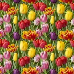 A vibrant, seamless pattern features numerous colorful spring blooms interspersed with green foliage