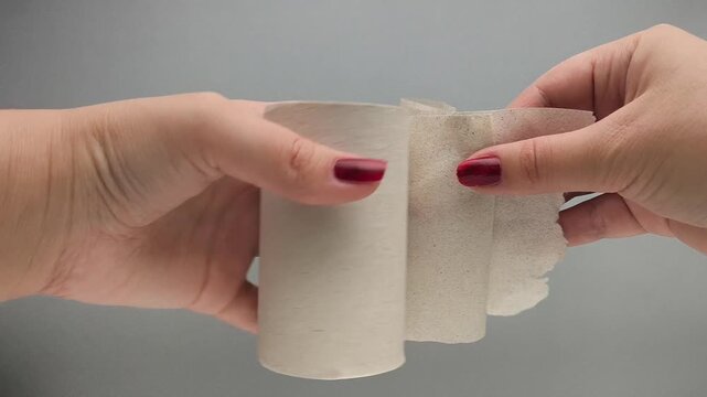 Female hands tear a piece of toilet paper from a roll on a gray background. Secondary cellulose. Disposable Toilet Paper