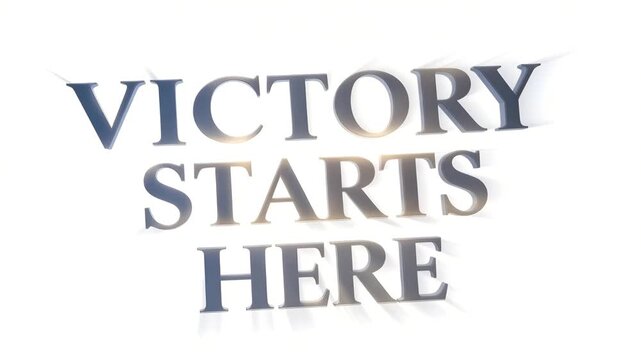 Motivational phrase 'Victory Starts Here' in bold 3D text