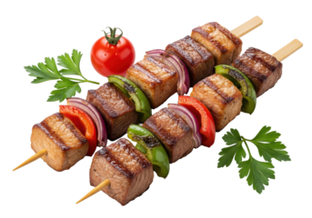 Two wooden skewers with grilled pork, beef, onions, and bell peppers, garnished with tomato and parsley, on a transparent studio background, high-angle close-up, shallow dof. Concept of delicious