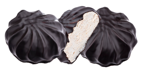 elegant chocolate-covered marshmallows, one cut in half, arranged on a transparent background for sophisticated food blogs and premium advertising