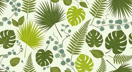 A vibrant, seamless pattern featuring an array of stylized tropical foliage in shades of green on a soft, light background