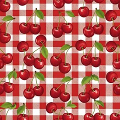 A vibrant seamless pattern featuring luscious red cherries with green leaves, scattered across a classic red and white checkered background