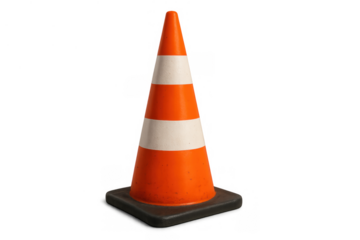 Traffic cone standing upright, marking an area for construction, warning about road work and guiding vehicles