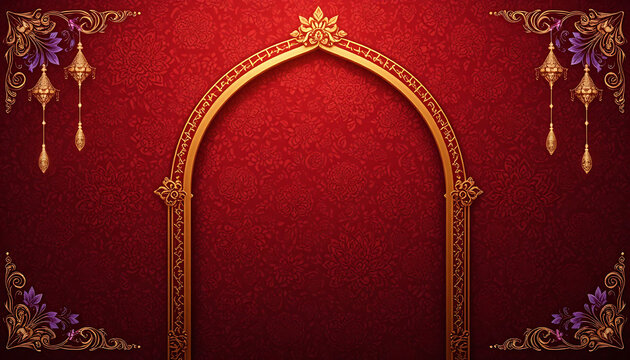 Elegant golden arch and traditional decorations on a rich red textured background