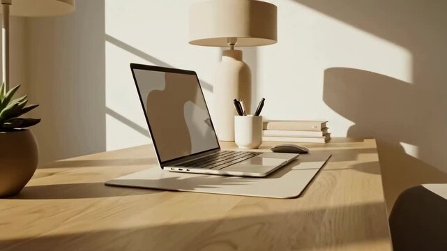Sunlit minimalist home office with natural wood furniture and sleek laptop setup