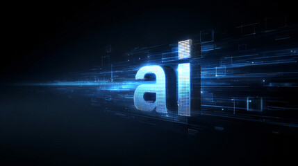 Blue glowing AI artificial intelligence text on dark futuristic tech background