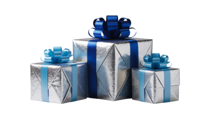 Silver Gift Boxes with Blue Ribbons in Elegant Packaging with Shiny Finish for Luxury Presents
