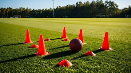 Rugby training session on green field with cones and ball
