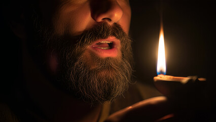 Dramatic Close-up of a Bearded Man Looking at a Candle Flame in Dark Atmosphere, Concept of Spirituality, Hope, Faith, and Quiet Meditation