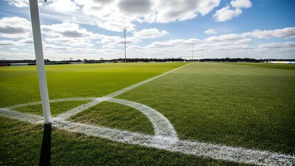 Empty green soccer field with white lines on a sunny day