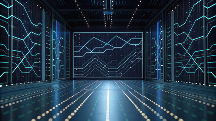 Futuristic server room with glowing blue circuitry, digital data charts, and high tech atmosphere, conveying innovation and progress