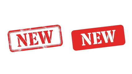 Two red new stamps isolated on a plain white background offering a clear message