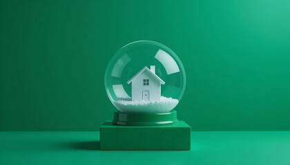 White miniature house in glass globe on green pedestal, minimalist 3D render