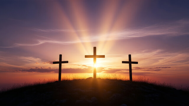 Silhouetted Three Crosses on a Hill with Divine Light Rays at Sunset, Religious Concept for Easter and Good Friday