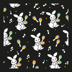 Cute White Rabbits and Colorful Maracas Pattern. Perfect for kid products, fabric prints, stationery, wrapping paper, and musical-themed designs.