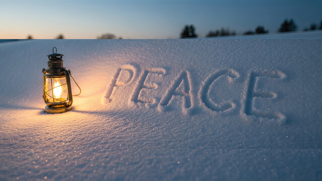 A glowing lantern sits in the snow next to the word Peace written in a winter landscape at dusk, symbolizing hope, serenity, and quietness.