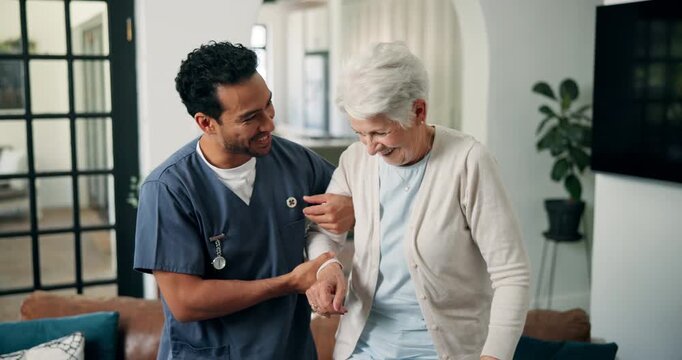 Assisted living, help or walking stick with nurse and old woman in apartment for senior care. Caregiver, cane and elderly patient with disability in home for assistance, healthcare or insurance