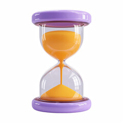 3D hourglass with purple frame and orange sand, time countdown timer icon isolated on transparent background.
