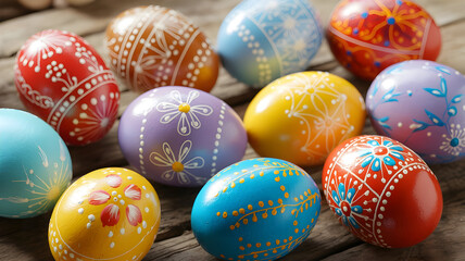 Fototapeta premium Colorful easter eggs with intricate designs on a wooden surface