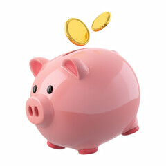 3D pink piggy bank with falling gold coins, cute savings money box icon isolated on transparent background.