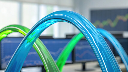 Digital liquid arcs in blue and green curve over blurred monitors, symbolizing profit, sales growth, and financial data in modern office