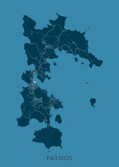Obraz premium Map of Patmos Island, Greece. The island is depicted in a dark teal color against a lighter teal background. White lines trace the roads and pathways across the island.