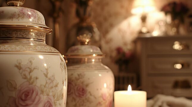 Elegant ceramic vases with floral patterns and a lit candle, evoking a sense of timeless decor