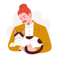 A warm and cozy image of a man with a mustache holding a calm cat in his arms, conveying affection, companionship, and the serene bond between humans and pets.