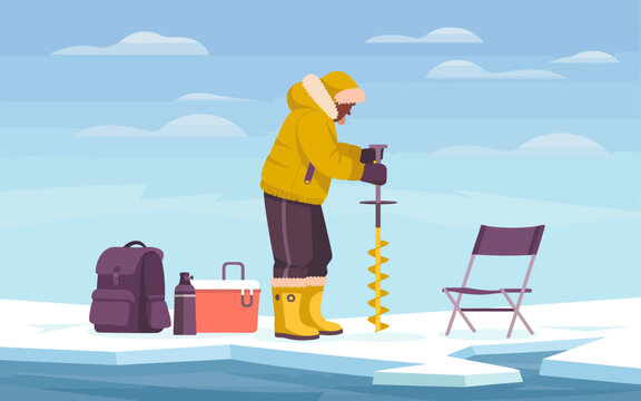 A person dressed in warm clothing is using an auger to drill a hole in a frozen lake, surrounded by winter scenery, showcasing the thrill of ice fishing activities.