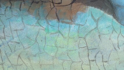 Teal and Light Blue Textured Abstract Painting with Dark Craquelure Lines