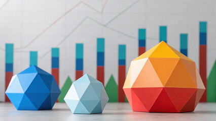 Geometric polygon shapes in blue, light blue, and orange red colors with blurred bar and line graph background, modern business concept