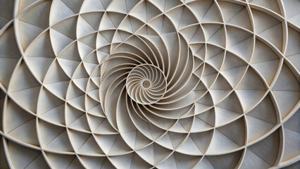 Geometric spiral pattern with layered concentric curves and radial symmetry, abstract design in neutral tones, modern and calming