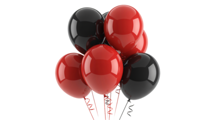 Red and black balloons in festive arrangement with shiny reflective surface for party decoration