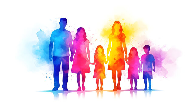Vibrant family portrait with colorful watercolor effect