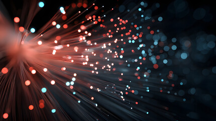 Obraz premium Fiber optic cable light rays glowing red and blue with bokeh flare, dynamic technological energy