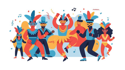 Vibrant group of people dancing and celebrating at a colorful festive party scene.