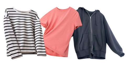 a stylish photograph presenting three t-shirts, featuring a black and white striped long sleeve, a solid salmon pink, and a navy blue hooded sweatshirt
