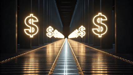 Glowing dollar symbols illuminate futuristic corridor, representing financial growth, revenue paths, and modern business success