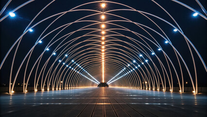 Symmetrical tunnel with glowing light trails and modern arch patterns creates futuristic, dramatic night scene with vibrant illumination