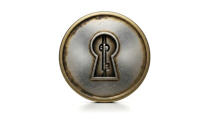 Vintage Keyhole and Key Symbol on a Round Metal Plate.