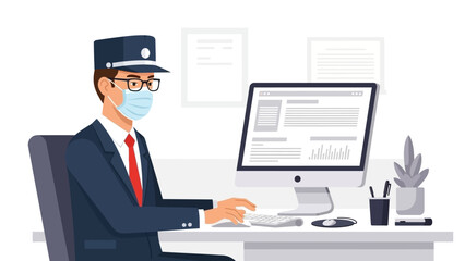 Fototapeta premium Business professional at a desk using computer in a modern office setting.