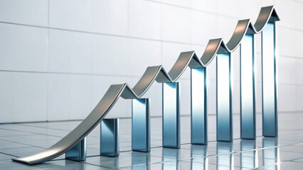 Metallic ribbons lifting trend lines sales growth, business success, financial increase, modern blue chart