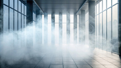 Modern office interior with large windows, sunlight streaming, and mist particles creating mysterious, atmospheric ambiance