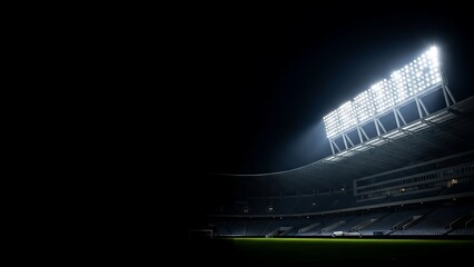 Brightly lit empty stadium with green field at night